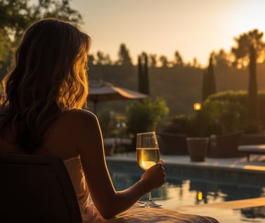 A woman sitting on a chair in front of a pool.