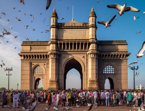 A large group of people standing around a large arch