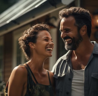 a man and woman standing in front of an eco-friendly cottage rental