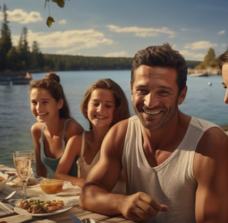 A group of people sitting at a table with food