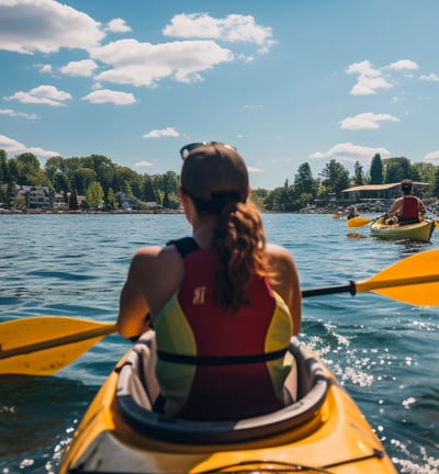 A woman kayaking down a river A woman kayaking down a river