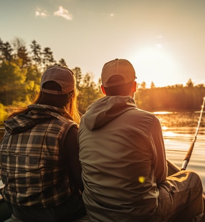 Two boys are fishing in the sunshine. Both are wearing caps, and one of them has long hair. Two boys are fishing in the sunshine. Both are wearing caps, and one of them has long hair.