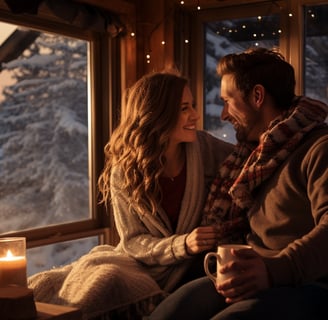 a man and woman sitting on a couch in a winter cottage rental