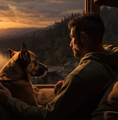 A man sitting on a couch with a dog