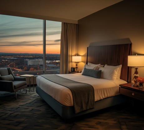 a hotel bedroom overlooking Downtown Greenville in South Carolina