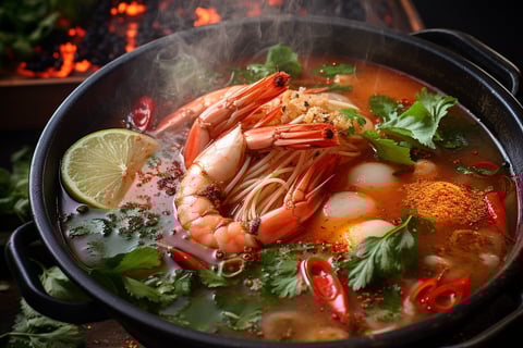 A bowl of shrimp and vegetable soup, a delicious and healthy meal option.