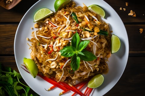 A plate of Pad Thai Thai noodles garnished with lime and herbs.