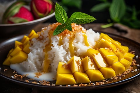 A delicious bowl of mango and coconut rice garnished with fresh mint leaves.