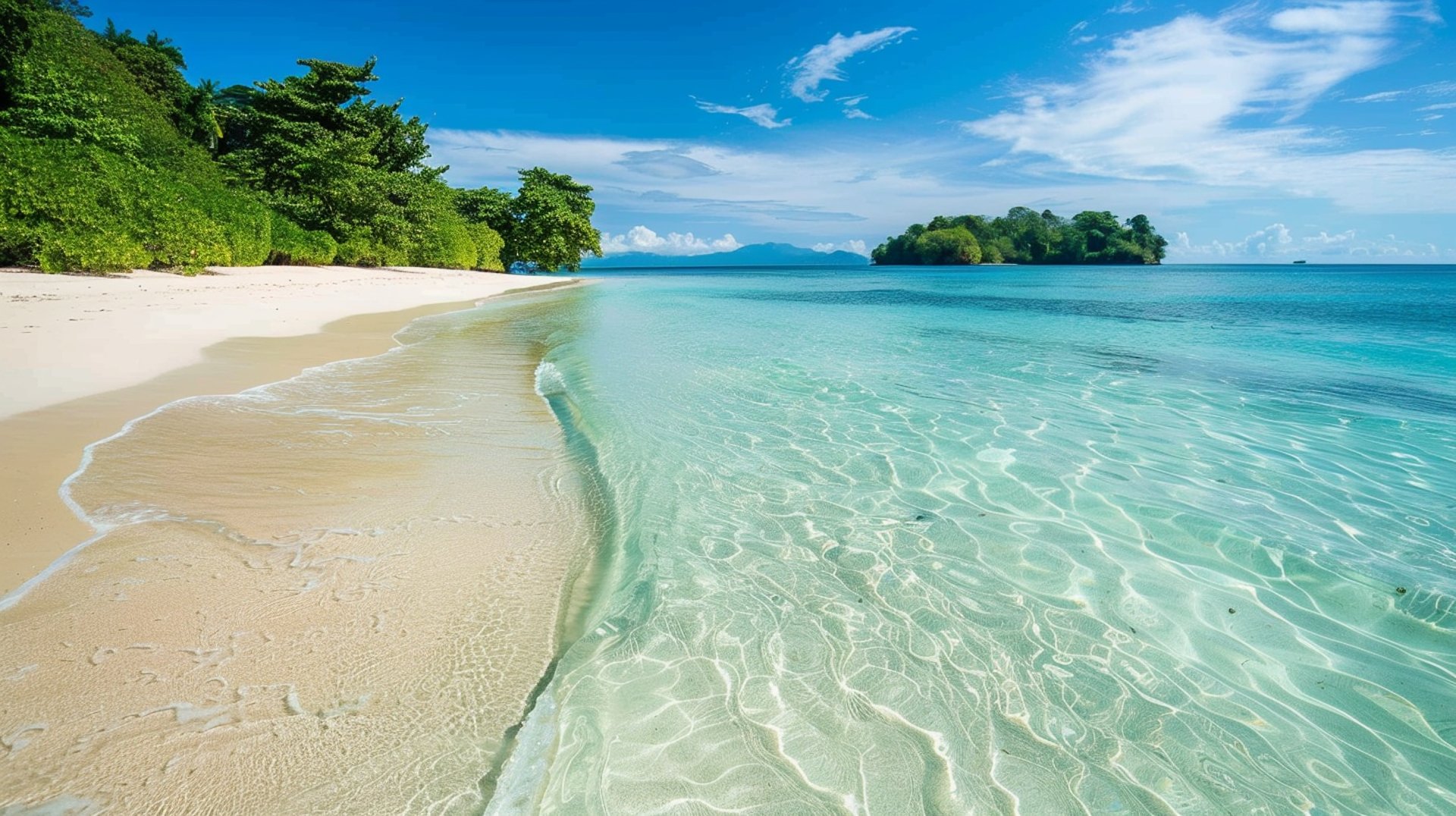 A serene sandy beach with crystal clear water and lush tropical trees.