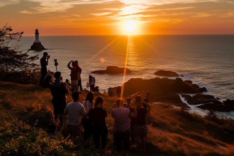 A group of people standing near a lighthouse, gazing at the colorful sunset over the horizon.