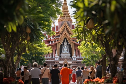 Group of people walking in front of a Buddhist temple, surrounded by lush greenery and traditional architecture.