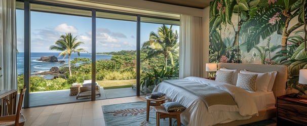 Bright bedroom with a scenic tropical view and vibrant floral accent wall.