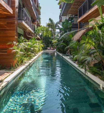 Modern, narrow swimming pool adjacent to a building, flanked by tropical plants.