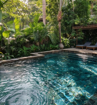 Serene pool nestled within lush tropical foliage.