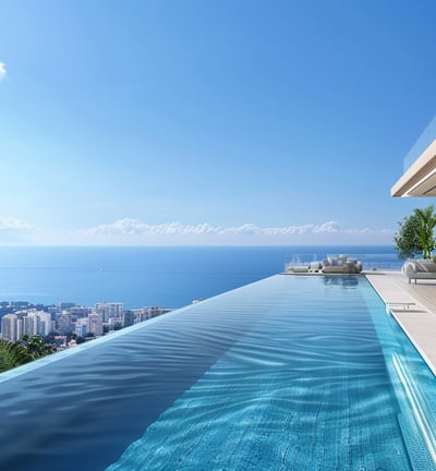 Infinity pool with panoramic view of a coastal city.