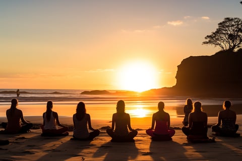 Group of people meditating on beach at sunset, silhouetted against colorful sky.