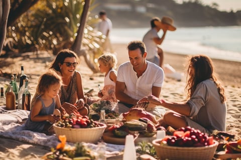 A family enjoying a beach picnic with a colorful blanket, food, and drinks on the sandy shore.