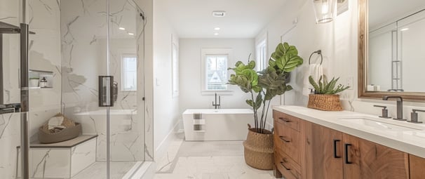 Contemporary bathroom with a glass shower cabin and natural decorative elements.