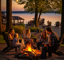 a family gathered around the fire pit of their Bass Lake cabin rental a family gathered around the fire pit of their Bass Lake cabin rental