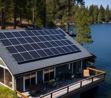 solar panels on the roof of a lakeside vacation home in California solar panels on the roof of a lakeside vacation home in California