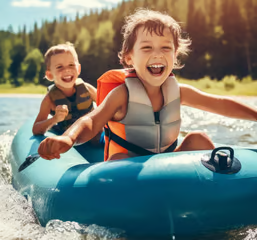 two young boys enjoying a ride on an inflatable rubber boat on Bass Lake CA two young boys enjoying a ride on an inflatable rubber boat on Bass Lake CA