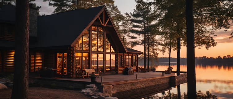 outdoor view of a Bass Lake cabin rental at sunset outdoor view of a Bass Lake cabin rental at sunset
