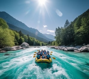 A group of people enjoying rafting on a river surrounded by mountains.