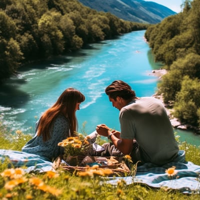 A couple enjoys a picnic by a serene river in Slovenia surrounded by greenery.