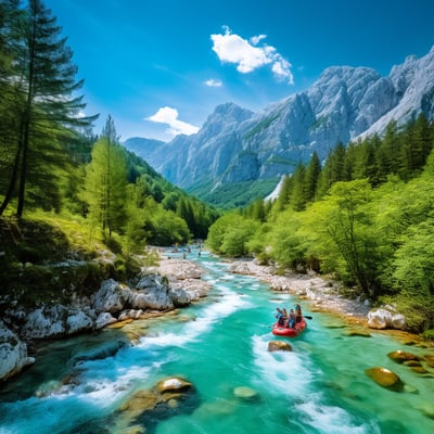 Serene river flowing through green valley with mountains, featuring a group in a red raft.