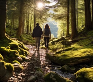A couple walking hand in hand through a lush green forest.