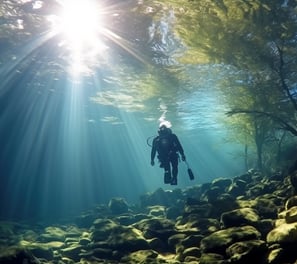 A person swimming in sunlit water.