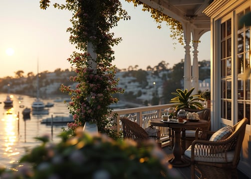 a balcony with a view of boats and river bank