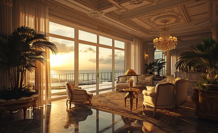 a hotel room with a large window and a view of the ocean