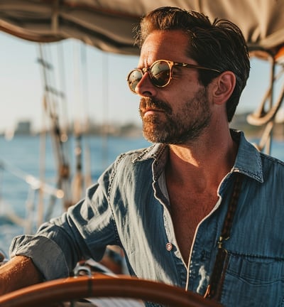 A man in a blue shirt is sailing on a yacht
