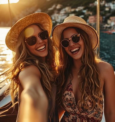 Tourist girl's selfie at beach front in italy