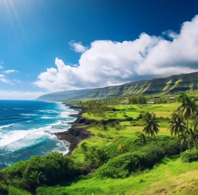 A view of a beach with palm trees and a blue sky