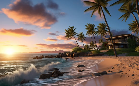 A beach scene with a sunset and palm trees A beach scene with a sunset and palm trees