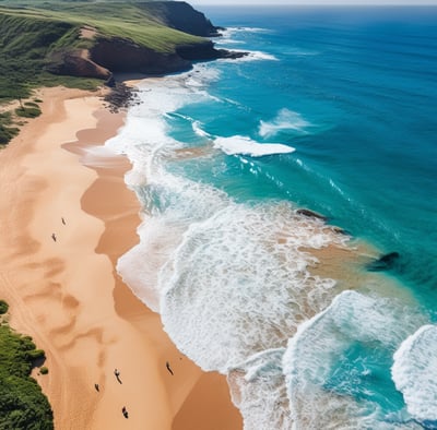 A beach with people walking on the sand