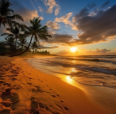 A beach with footprints on the sand