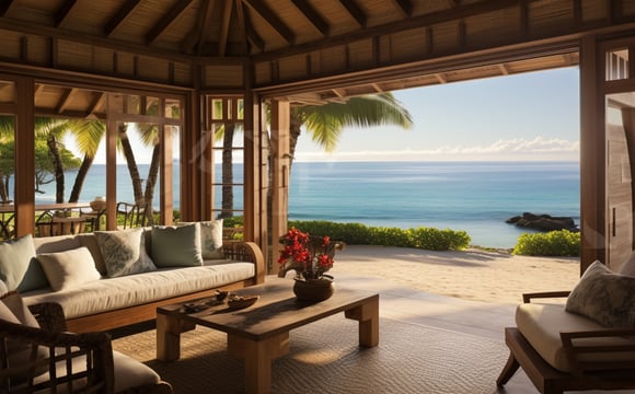 A living room with a couch and a table with the view of the sea A living room with a couch and a table with the view of the sea