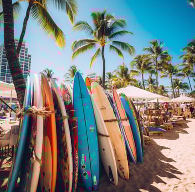 A bunch of surfboards are lined up on the beach
