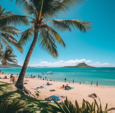 A beach with palm trees and people on the beach