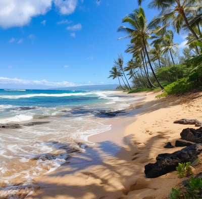A beach with palm trees and rocks on the shore