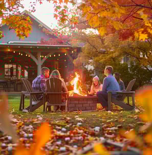 Family enjoys a cozy fire pit gathering amid fall foliage.