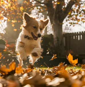 Energetic dog frolicking in autumn leaves with family.
