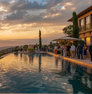 Elegant poolside soiree at sunset with panoramic views.