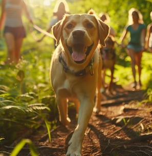 Happy dog leading a family hike through a sun-dappled forest.