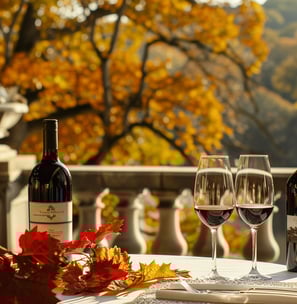 Autumnal outdoor wine tasting overlooking a scenic vista.