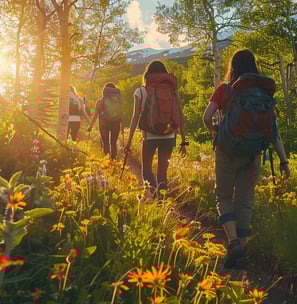 Family enjoys a picnic in a sunlit flowering meadow.