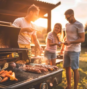 Family and friends gather for a backyard barbecue at sunset.